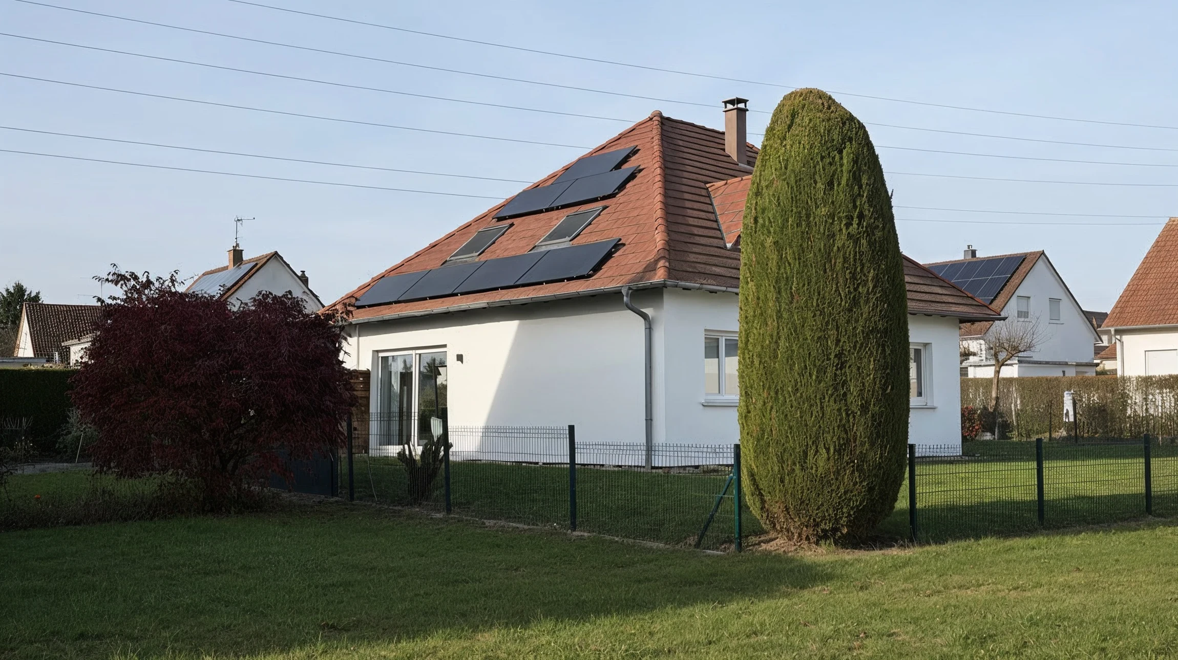 Panneaux solaires sur le toit de tuile rouge de la vieille maison avec l'aménagement paysager de jardin vert